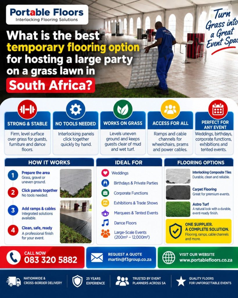What is the best temporary flooring option for hosting a large party on a grass lawn