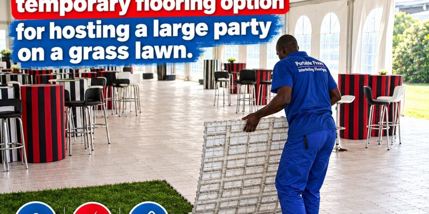 What is the best temporary flooring option for hosting a large party on a grass lawn